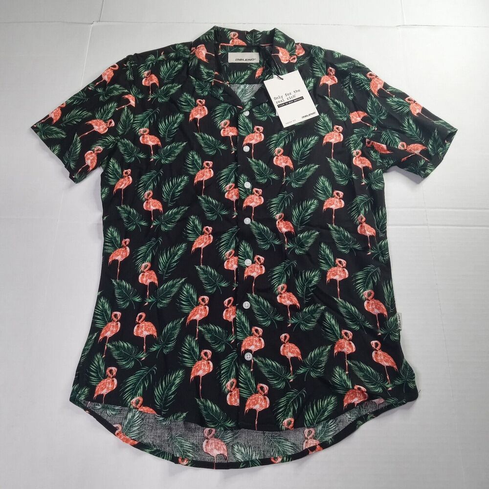 Blend Flamingo‎ Shirt Men’s S Small Button Up Floral Black/Pink Hawaiian Style